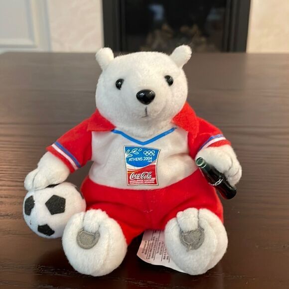 Vintage Athens 2004 FIFA World Cup Coca-Cola White Polar Bear w Soccer Ball - Picture 1 of 5
